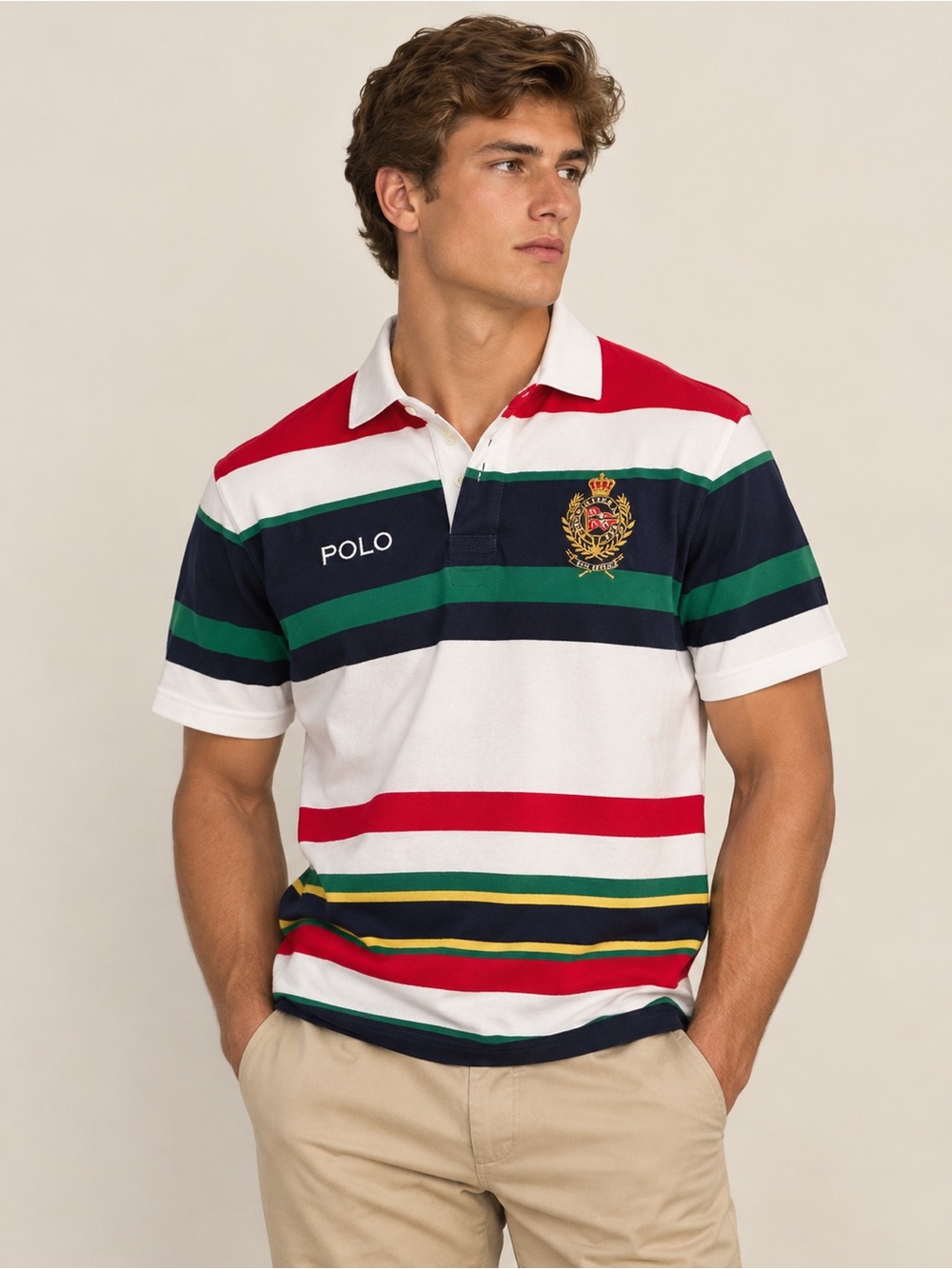 RARE! Polo Ralph Lauren Multicolor Striped Rugby New York Crest Polo Shirt, Sz S
